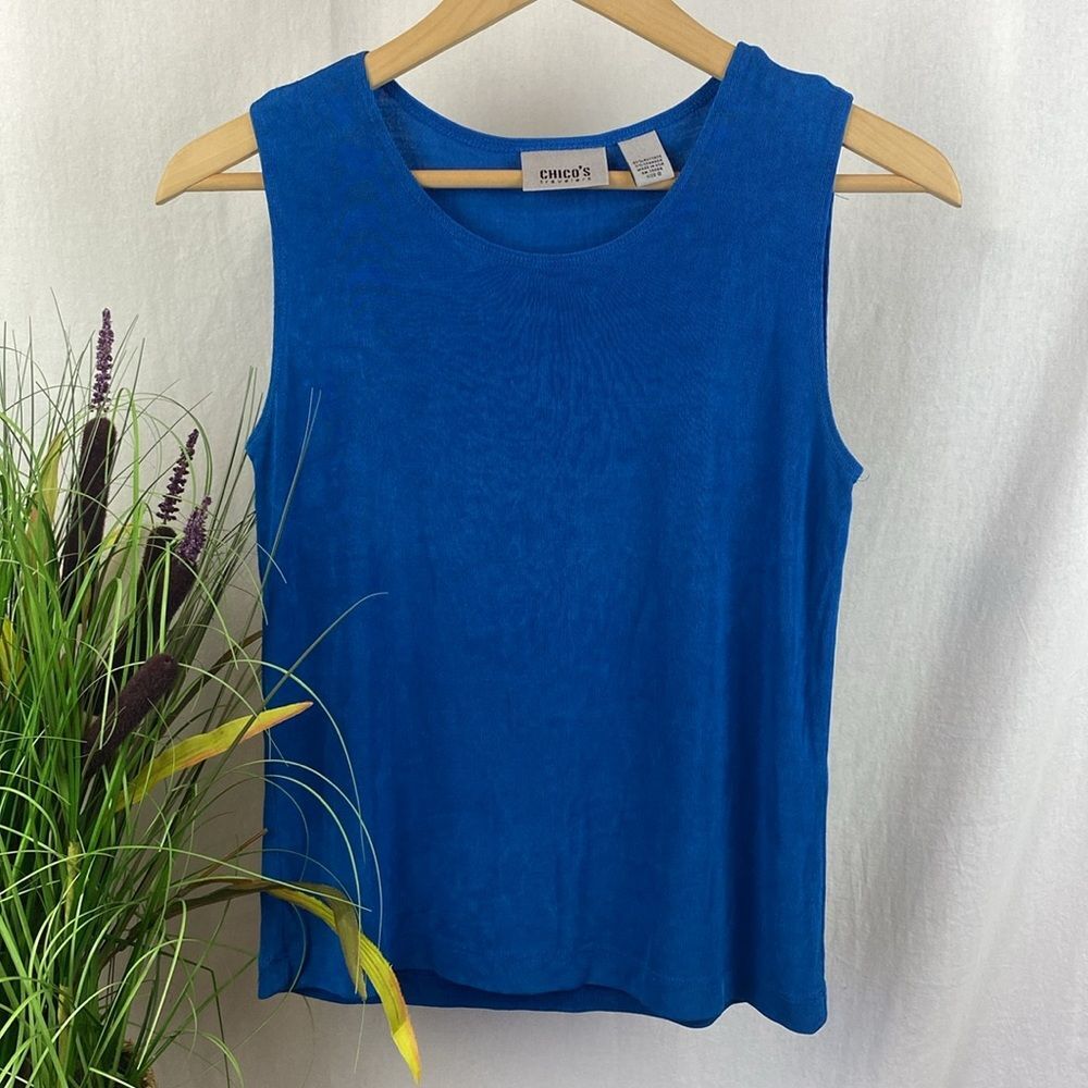 Chico’s Travelers Blue Solid Tank Top 1 M